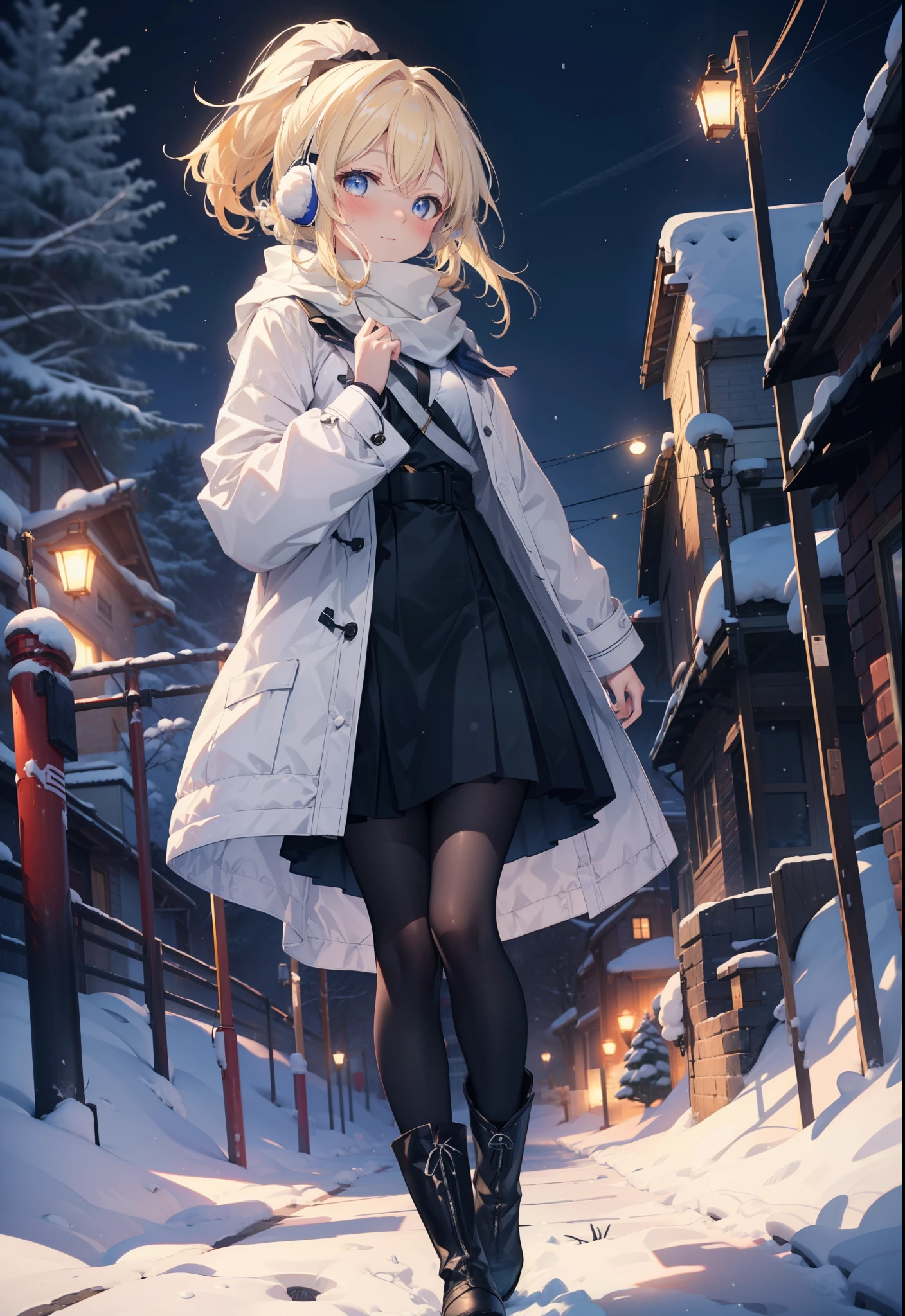 Eliase, catalyst, Yellow Hair, blue eyes, Hair Ribbon,ponytail,Earmuffs,smile,blush,Open your mouth,White Breath,White scarf,Light blue long coat,White long skirt,Black pantyhose,short boots,Walking,snowが降っている,snowが積もっている,snow,snow,snow,night,whole bodyがイラストに入るように,
break looking at viewer,whole body,
break outdoors,Residential Street,
break (masterpiece:1.2), Highest quality, High resolution, unity 8k wallpaper, (figure:0.8), (Beautiful attention to detail:1.6), Highly detailed face, Perfect lighting, Highly detailed CG, (Perfect hands, Perfect Anatomy),