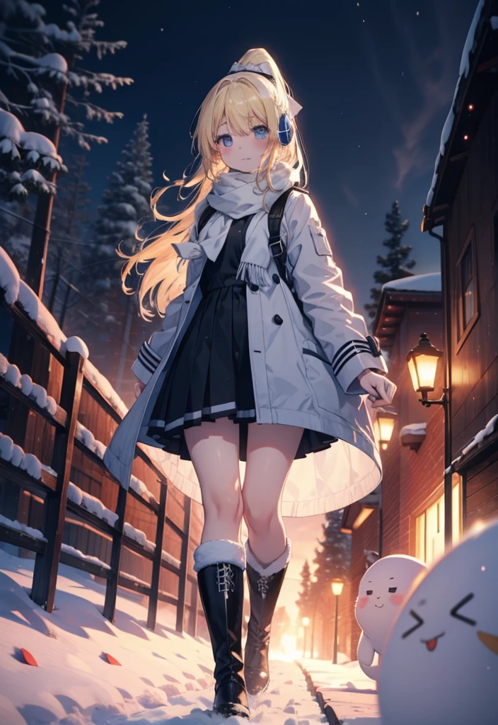 Eliase, catalyst, Yellow Hair, blue eyes, Hair Ribbon,ponytail,Earmuffs,smile,blush,Open your mouth,White Breath,White scarf,Light blue long coat,White long skirt,Black pantyhose,short boots,Walking,snowが降っている,snowが積もっている,snow,snow,snow,night,whole bodyがイラストに入るように,
break looking at viewer,whole body,
break outdoors,Residential Street,
break (masterpiece:1.2), Highest quality, High resolution, unity 8k wallpaper, (figure:0.8), (Beautiful attention to detail:1.6), Highly detailed face, Perfect lighting, Highly detailed CG, (Perfect hands, Perfect Anatomy),