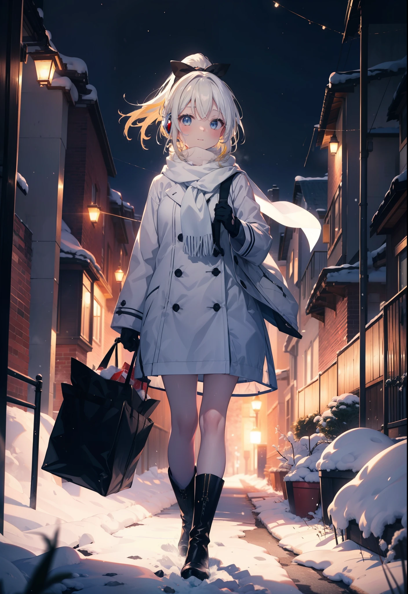 Eliase, catalyst, Yellow Hair, blue eyes, Hair Ribbon,ponytail,Earmuffs,smile,blush,Open your mouth,White Breath,White scarf,Light blue long coat,White long skirt,Black pantyhose,short boots,Walking,snowが降っている,snowが積もっている,snow,snow,snow,night,whole bodyがイラストに入るように,
break looking at viewer,whole body,
break outdoors,Residential Street,
break (masterpiece:1.2), Highest quality, High resolution, unity 8k wallpaper, (figure:0.8), (Beautiful attention to detail:1.6), Highly detailed face, Perfect lighting, Highly detailed CG, (Perfect hands, Perfect Anatomy),