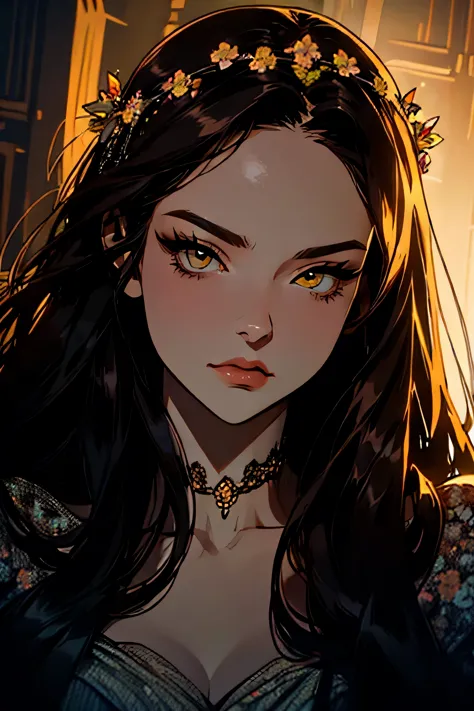 hyper-realistic of a mysterious woman with flowing dark hair, piercing yellow eyes, and a delicate floral crown, upper body