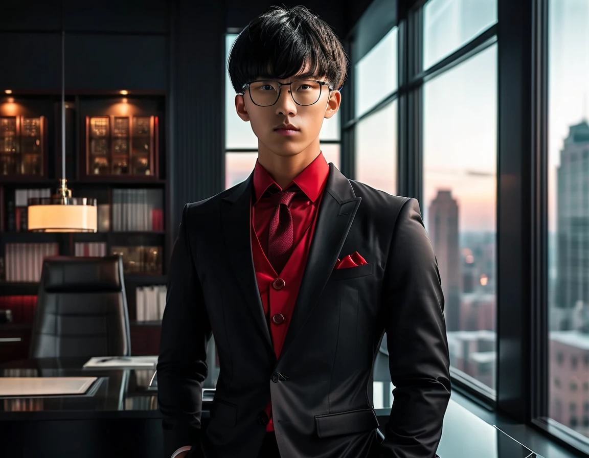 Photorealistic, dark vibes, solo, 1 young male, looking at viewer, east Asian, tanned skin, 27 years, model, bowl cut wavy black hair, bangs, (dark red tie:1.1), (all black suit:1.1), black very narrow rectangle glasses, dark lighting, foreboding, standing in luxury office, (city background from window:1.1)