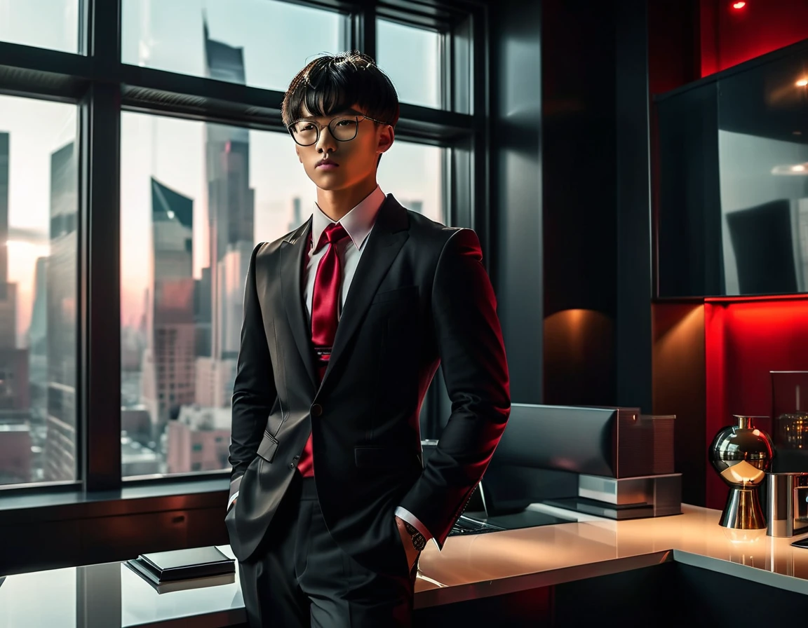 Photorealistic, dark vibes, solo, 1 young male, looking at viewer, east Asian, tanned skin, 27 years, model, bowl cut wavy black hair, bangs, (dark red tie:1.1), (all black suit:1.1), black very narrow rectangle glasses, dark lighting, foreboding, standing in luxury office, (city background from window:1.1)