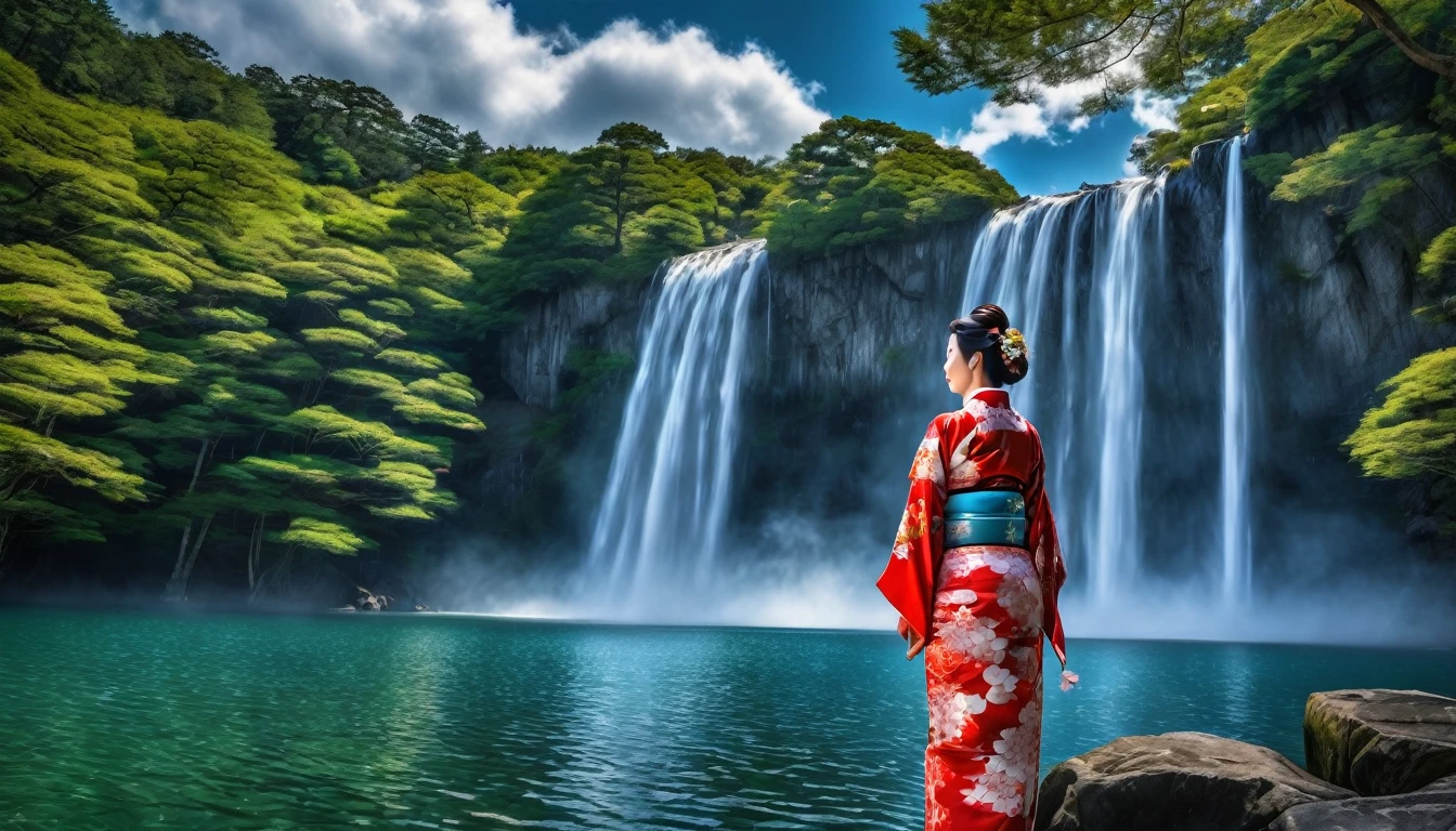 Imagen HDR Una mujer japonesa, cara detallada, en kimono se encuentra junto al lago, belleza única. Una cascada alta que cae en un lago, nubes de cielo azul, . El cielo arriba es una luz, tono azulado con solo unas pocas nubes., añadiendo un entorno tranquilo a la escena. La cascada hiperdetallada es el punto focal., capturando al espectador&#39;s atención con su poderoso flujo, aún tranquilo. Alrededor del lago, Árboles frondosos y flores vibrantes para un esplendor natural., mejorar la sensación general de calma y belleza del entorno.