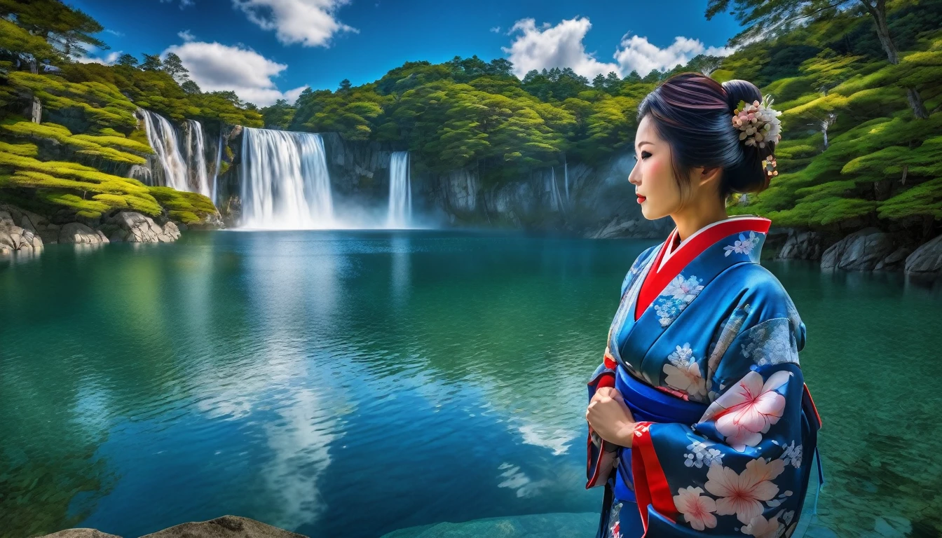 Imagen HDR Una mujer japonesa, cara detallada, en kimono se encuentra junto al lago, belleza única. Una cascada alta que cae en un lago, nubes de cielo azul, . El cielo arriba es una luz, tono azulado con solo unas pocas nubes., añadiendo un entorno tranquilo a la escena. La cascada hiperdetallada es el punto focal., capturando al espectador&#39;s atención con su poderoso flujo, aún tranquilo. Alrededor del lago, Árboles frondosos y flores vibrantes para un esplendor natural., mejorar la sensación general de calma y belleza del entorno.