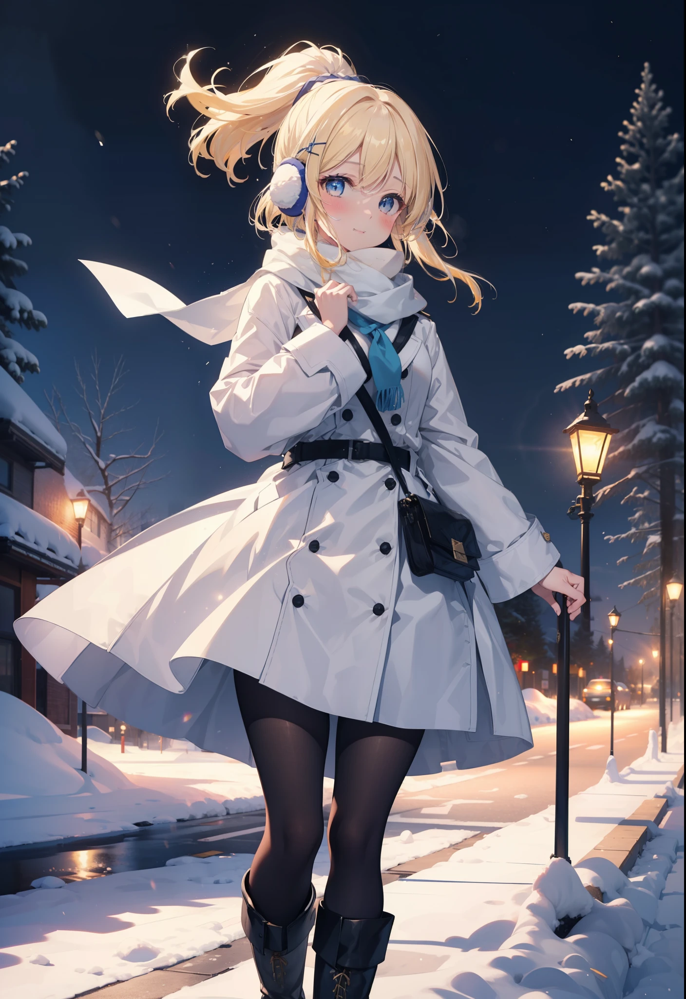 Eliase, catalyst, Yellow Hair, blue eyes, Hair Ribbon,ponytail,Earmuffs,smile,blush,Open your mouth,White Breath,White scarf,Light blue long coat,White long skirt,Black pantyhose,short boots,Walking,snowが降っている,snowが積もっている,snow,snow,snow,night,whole bodyがイラストに入るように,
break looking at viewer,whole body,
break outdoors,Residential Street,
break (masterpiece:1.2), Highest quality, High resolution, unity 8k wallpaper, (figure:0.8), (Beautiful attention to detail:1.6), Highly detailed face, Perfect lighting, Highly detailed CG, (Perfect hands, Perfect Anatomy),