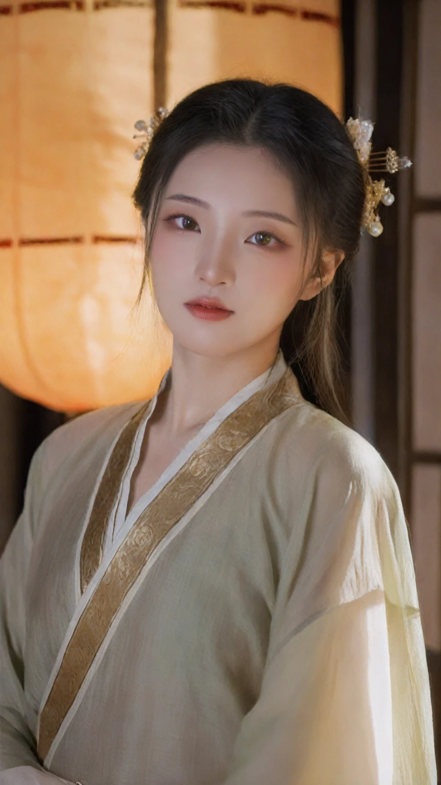 asian women,20 years old,sharp focus,Perfect eyes,high quality,prefect face,looking at viewer,perfect studio lighting,warm color palette,(natural skin texture:1.2),light makeup,standing pose,Chinese clothes,traditional,hanfu,dress,