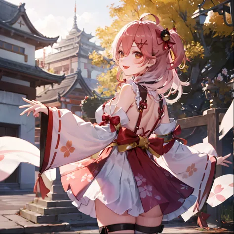 masterpiece, best quality, highres, miko1, sakura_miko, 1girl, big_boobs, solo, ahoge, x_hair_ornament, pink_hair, floral print, hairclip,(side_less_clothes:1.5), (side_boobs:1.5), hair_bell, floral print, long_hair, hair between eyes, one side up, white thighhighs, asymmetrical legwear, wide sleeves, open_mouth,(happy:1.3),gleen_eyes,big_smile,(rise_leg:1.3),plump,apart_legs,(overly_long_sleeves:1.3),),sleeves_past_wrists,hands_hidden_sleeves,sidelock_clothes,dynamic_posing,solo,hidden_wrists,(XD:1.4),covered_nipples,sunlight,cherryblossom_temple_landscape_background,