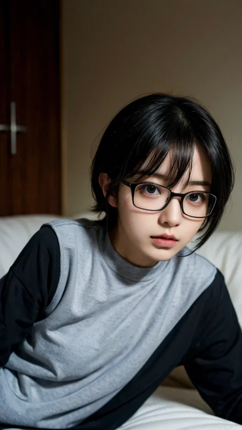 glasses,black hair,shortcuts,otaku,dark,small,lack of self-confidence,loungewear,parents&#39; home,no friends,otakuが好きそう