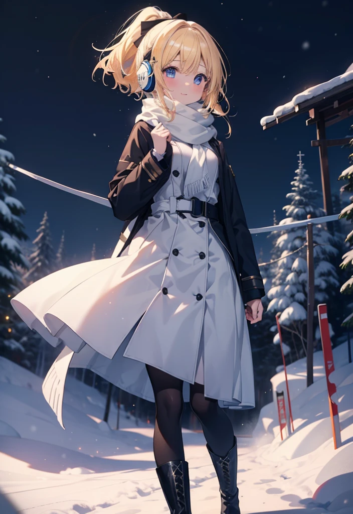 Eliase, catalyst, Yellow Hair, blue eyes, Hair Ribbon,ponytail,Earmuffs,smile,blush,Open your mouth,White Breath,White scarf,Light blue long coat,White long skirt,Black pantyhose,short boots,Walking,snowが降っている,snowが積もっている,snow,snow,snow,night,whole bodyがイラストに入るように,
break looking at viewer,whole body,
break outdoors,Residential Street,
break (masterpiece:1.2), Highest quality, High resolution, unity 8k wallpaper, (figure:0.8), (Beautiful attention to detail:1.6), Highly detailed face, Perfect lighting, Highly detailed CG, (Perfect hands, Perfect Anatomy),