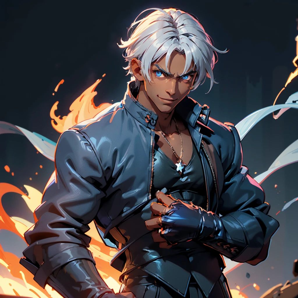 A Dark skinned young anime man, side swept silver hair, fiery light blue eyes, producing blue fire out of his fist, wearing a blue combat trench coat over a black tank top with black slacks and a chain on the hip, steel necklace with a blue dragon pendant around his neck, with sleeves rolled up to his elbows and a cocky smile.