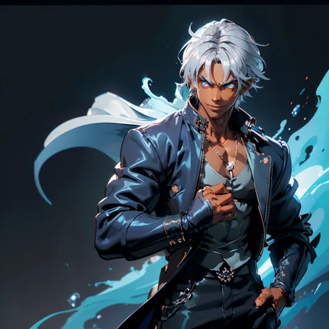 A Dark skinned young anime man, side swept silver hair, fiery light blue eyes, producing blue fire out of his fist, wearing a bl...