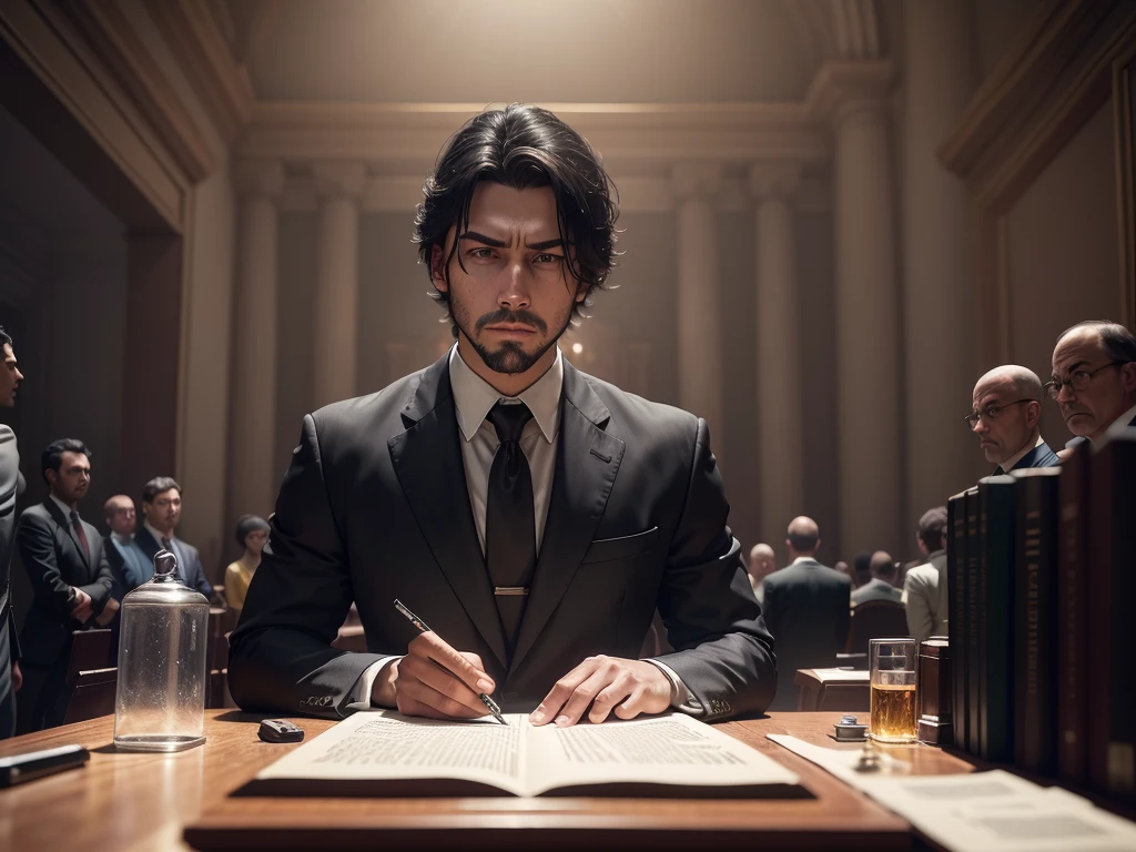 the courtroom is filled with the sound of a courtroom's loud echoes as a sharp lawyer, dressed in a sleek black suit, pleadings a case before a stern judge. The judge, a stern-looking man,  The scene is set against a backdrop of a grand courtroom, with the sun streaming through the windows, （depth of fieldovie lighting），（light and shadow effect），（Unreal 5），（masterpiece），（8k wallpaper），photorealestic，realisticlying