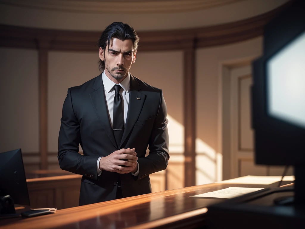 a man, sharp lawyer, dressed in a sleek black suit, standing behind judge's desk, arguing case before a stern judge. The judge, a stern-looking man, The scene is set against a backdrop of a grand courtroom, （depth of fieldovie lighting），（light and shadow effect），（Unreal 5），（masterpiece），（8k wallpaper），photorealestic，realisticlying
