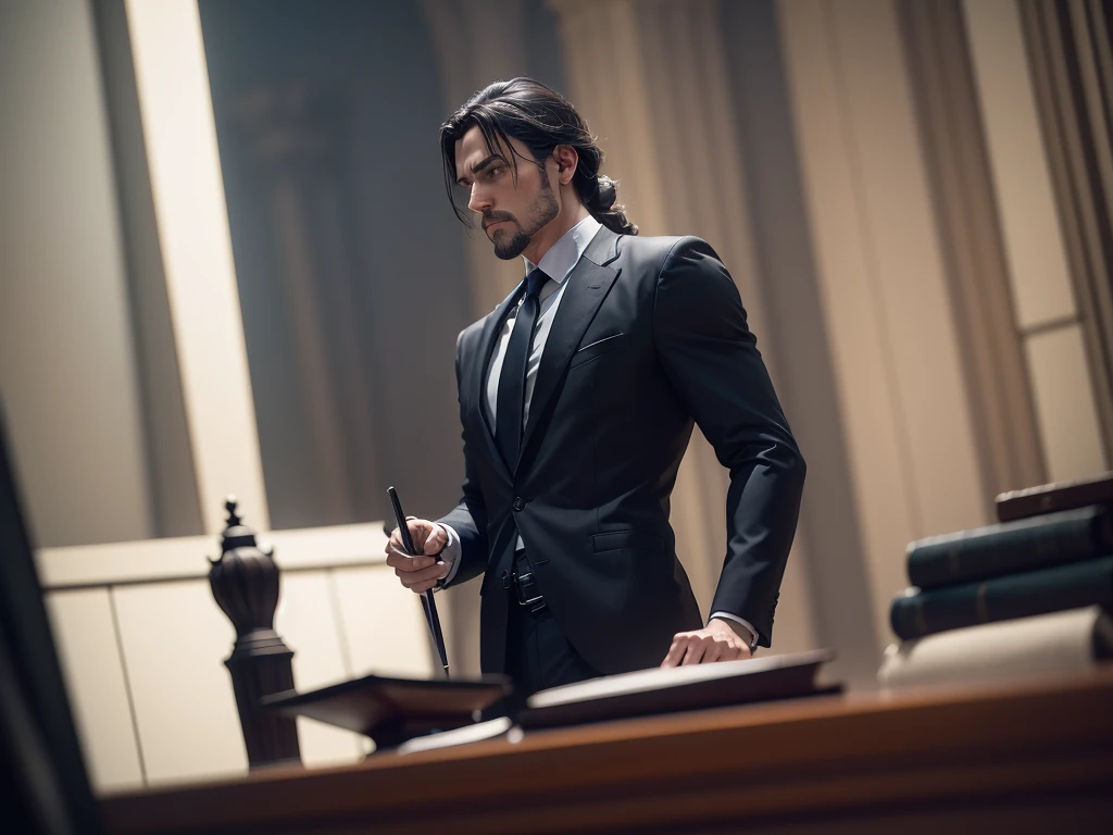 a man, sharp lawyer, dressed in a sleek black suit, standing behind judge's desk, arguing case before a stern judge. The judge, a stern-looking man, The scene is set against a backdrop of a grand courtroom, （depth of fieldovie lighting），（light and shadow effect），（Unreal 5），（masterpiece），（8k wallpaper），photorealestic，realisticlying
