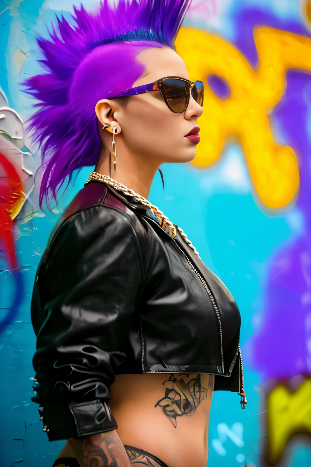 (Artwork, best quality:1.2), 1 girl , ((side view)) , ((hyperrealistic:1.4)), realistic, intrincately detailed, "Punk Girl", in dynamic sensual pose, sexy, hot,  ((spiky mohawk hair, Black punk hair, angry face, wearing a black jacket, chains, sunglasses. Rocket style, tattooed girl , hot body, abs, bikini boobs) . (((Realistic skin, skin Textures, glowing skin, detailed eyes, realistic eyes))), Shallow depth of field, vignette, highy detailed, high budget, bokeh, cinemascope, temperamental, epic, marvelous, film grain, grainy. ((Abandoned Graffiti Wall Background, garbage,  cinematic lighting )).