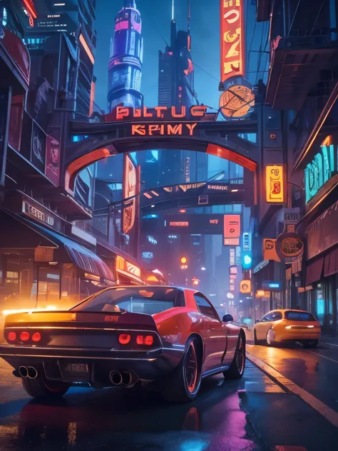 high quality, 8k, cinematic, masterpiece, photorealistic, dynamic lighting, dramatic composition, time travel, futuristic cityscape, flying cars, neon lights, chrome details, retro-futuristic aesthetic, blue and orange color palette, moody atmosphere, steam punk elements, intricate mechanical details, advanced technology, science fiction, retrofuturism, hyper-detailed