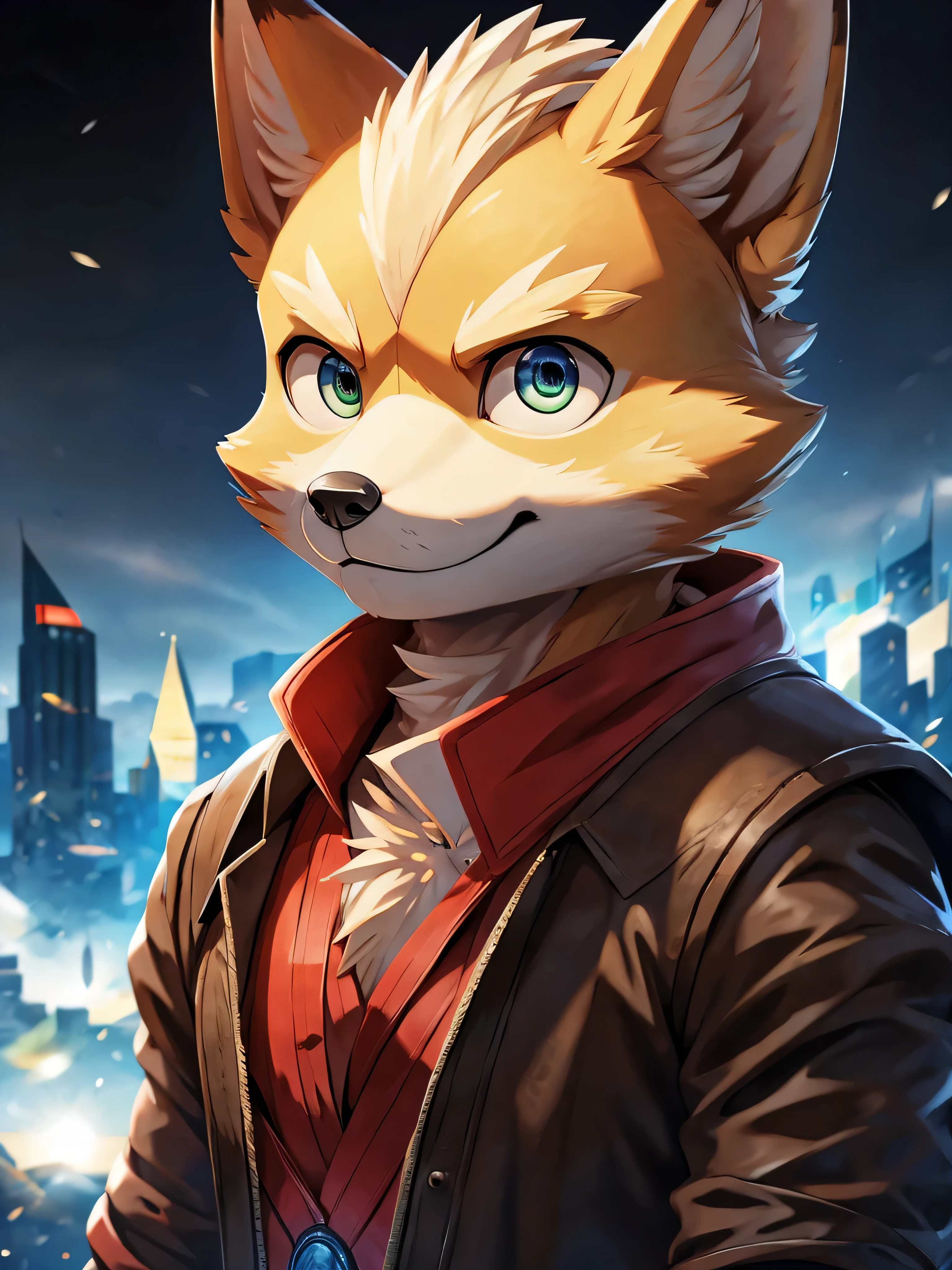 arte peludo muy hermoso, FursonaArt, arte oficial, llamativo, arte detallado, Retrato de fantasía, (((Fox McCloud))), muy cautivador, arte oficial, Iluminación perfecta, obra maestra, Ultra-fine, anatomía perfecta, alta calidad, (one male fox), Familiar, Iluminación de cine, Ojos chispeantes, El fondo es una ciudad nocturna., (Vista oblicua), ((Toda la parte superior del cuerpo es visible)), Alta resolución 8K, anatomía correcta, personificación, Figura delgada, Profundidad del límite escrito, Iluminación perfecta, hiper detalle, enfoque nítido, Real, amable, Ojos chispeantes