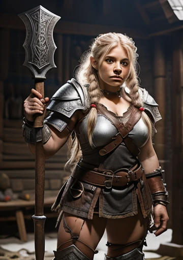 a painting of a powerful and muscular 19-year-old mountain dwarf,50 tall with 70 kilos in bearskin armor that only covers her breasts, she only wears pants that barely cover her powerful muscular thighs, she wears furry leather boots, holding a large and powerful combat hammer with both hands she is standing epically ready for combat, war hammer, war hammer, dwarf warrior woman, a beautiful berserker woman, north female warrior, Female Warrior, north adult female warrior, female barbara, of fantasy, dwarven woman, viking feminino, picture of female barbara, female dwarf woman, Retrato de female barbara, nordic warrior