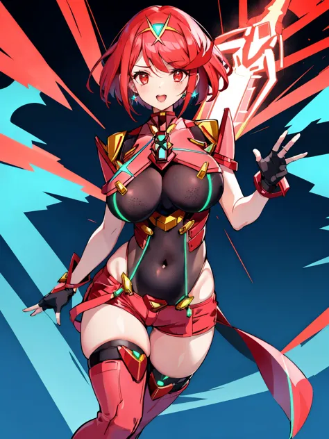 pyra \(xenoblade\), young_teen_1girl, armor, bangs, black gloves, breasts, red eyes, closed mouth, earrings, eyelashes, fingerle...