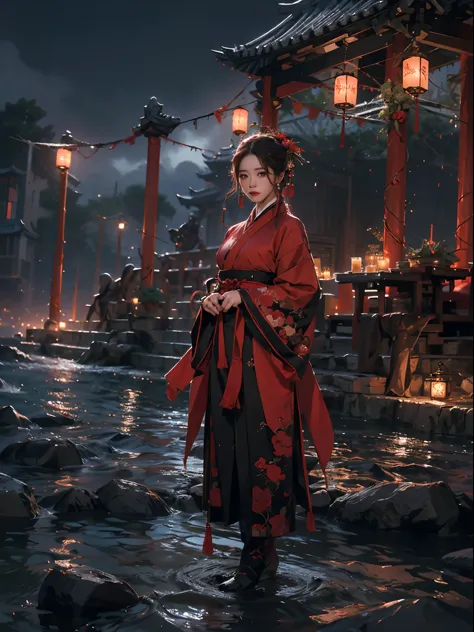 (zwd),1lady standing,full body,(looking at the viewer:1.5),detailed face,detailed eyes,dramatic lighting,red theme,hanfu,tang st...