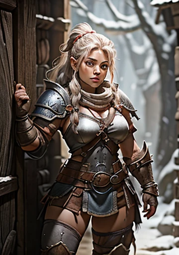 a painting of a powerful and muscular 19-year-old mountain dwarf,50 tall with 70 kilos in bearskin armor that only covers her breasts, she only wears pants that barely cover her powerful muscular thighs, she wears furry leather boots, holding a large and powerful combat hammer with both hands she is standing epically ready for combat, war hammer, war hammer, dwarf warrior woman, a beautiful berserker woman, north female warrior, Female Warrior, north adult female warrior, female barbara, of fantasy, dwarven woman, viking feminino, picture of female barbara, female dwarf woman, Retrato de female barbara, nordic warrior