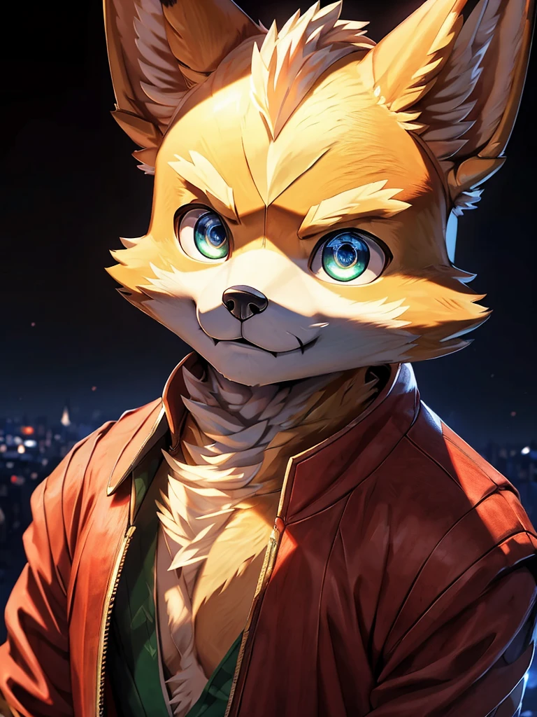 très bel art à fourrure, art fursona, art officiel, accrocheur, art détaillé, portrait fantastique, (((Fox McCloud))), Très captivant, art officiel, éclairage parfait, chef-d&#39;œuvre, Ultra-fin, Anatomie parfaite, Haute qualité, (un renard mâle), Familier, Éclairage de cinéma, Yeux pétillants, Le fond est une ville nocturne, (vue oblique), ((Tout le haut du corps est visible)), 8k haute résolution, anatomie correcte, personnification, silhouette mince, Profondeur de la limite écrite, éclairage parfait, Hyper détail, netteté, Réel, gentil, Yeux pétillants