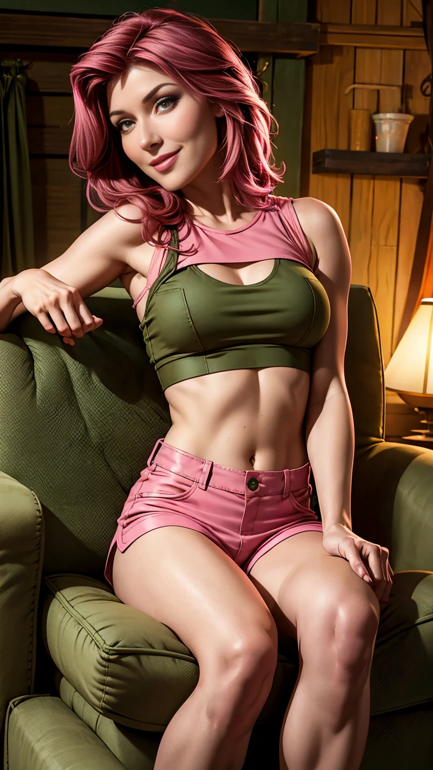 Jewel Staite as Kaylee from Firefly, undone olive green coverall low rise shorts, ((short pink crop top)), long brunette hair, perfect breasts, pokies, sexy pose, sitting sideways in an armchair, smile