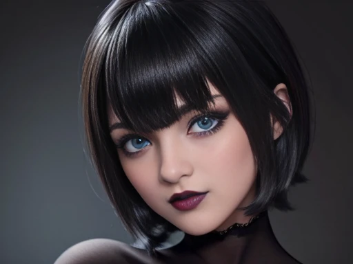 ((Best Quality)), ((masterpiece)), (detailed), perfect face,  blue eyes, cabello negro corto con flequillo estilo bob labios voluminosos nariz respingada belleza extraordinaria y muy detailed ,black makeup, dark lipstick 