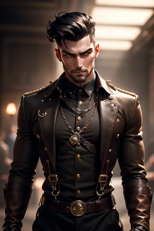 a thin muscular tall man with a pompadour undercut haircut, short mutton chops beard, no mustache, wearing a burgundy shirt with leather suspenders, black military pants, bright golden eyes, left arm with tattoos, rings on his hands, sensual gaze, (best quality,4k,8k,highres,masterpiece:1.2),ultra-detailed,(realistic,photorealistic,photo-realistic:1.37),cinematic lighting,highly detailed facial features,chiaroscuro lighting,moody atmosphere,dramatic lighting,from low angle,full body shot