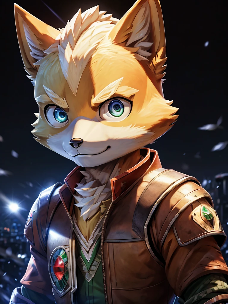 arte peludo muy hermoso, arte fursona, arte oficial, llamativo, arte detallado, Retrato de fantasía, (((Fox McCloud))), (Star Fox), muy cautivador, arte oficial, Iluminación perfecta, obra maestra, Ultra-fine, anatomía perfecta, cara perfecta, alta calidad, (male fox), Familiar, Iluminación de cine, Ojos chispeantes, El fondo es una ciudad nocturna., (Vista oblicua), ((Toda la parte superior del cuerpo es visible)), Alta resolución 8K, anatomía correcta, personificación, Figura delgada, Profundidad del límite escrito, Iluminación perfecta, hiper detalle, enfoque nítido, Real, amable, Ojos chispeantes