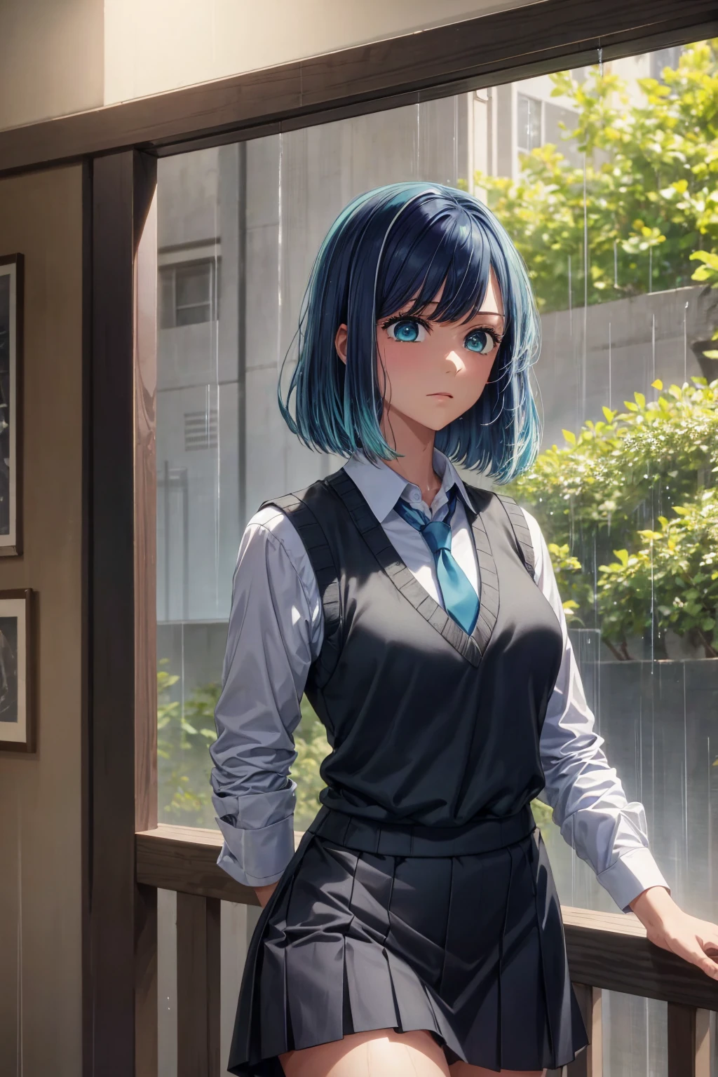 masterpiece, best quality, tall body, tall, long legs, mature woman, mature, adult, alone, tie, 1 girl, shirt, blue tie, blue hair, white shirt, long sleeves, looking at viewer, medium hair, shirt collared, vest, indoors, bangs, vest, green eyes, multicolored hair, black vest, short hair, discolored hair, blue eyes, skirt, in the rain, storm, soaked