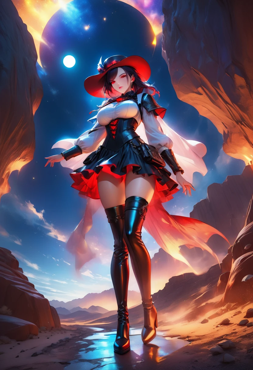 a picture of a female vampire cowboy in the desert night, a goth beauty, exquisite beautiful female vampire, ((anatomically correct: 1.5), (ultra detailed face: 1.2), best detailed face, red glowing eyes, full body, busty, wearing white bottom shirt, short skirt, dynamic color, wearing (Gambler Crease  hat: 1.2), wearing high heeled boots, it is night time in the desert, moon light. moon rays, west America desert canyon background, Hyperrealism style, vibrant, Ultra-high resolution, High Contrast, (masterpiece:1.5), highest quality, Best aesthetics), best details, best quality, highres, ultra wide angle, 16k, [ultra detailed], masterpiece, best quality, (extremely detailed) RAW, chumbasket art style, rpg portrait photograph, magical sky