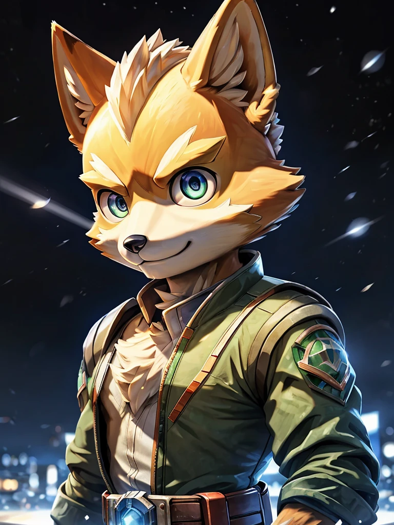 arte peludo muy hermoso, arte fursona, arte oficial, llamativo, arte detallado, Retrato de fantasía, (((Fox McCloud))), (Star Fox), muy cautivador, arte oficial, Iluminación perfecta, obra maestra, Ultra-fine, anatomía perfecta, cara perfecta, alta calidad, (male fox), Familiar, Iluminación de cine, Ojos chispeantes, El fondo es una ciudad nocturna., (Vista oblicua), ((Toda la parte superior del cuerpo es visible)), Alta resolución 8K, anatomía correcta, personificación, Figura delgada, Profundidad del límite escrito, Iluminación perfecta, hiper detalle, enfoque nítido, Real, amable, Ojos chispeantes