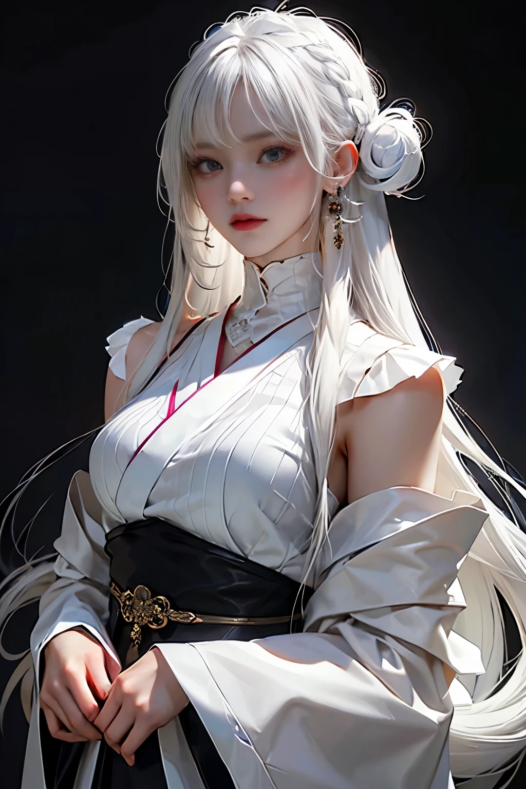 Masterpiece, high quality, high resolution, 8K, (solo:1.2), ((1girl)), Japanese woman, detailed face, detailed eyes, correct body structure, upper body, ((White hair:1.2)), very long hair, messy hair, slender body, seductive silhouette, luminous bones, depth of field, dark photo at nighttime, dimly lit, bangs, Cinematic Lighting, Tyndall effect, abstract background, futuristic outfits, vibrant colors, modern style, wide sleeves, artistic, unique patterns, colorful, stylish, trendy