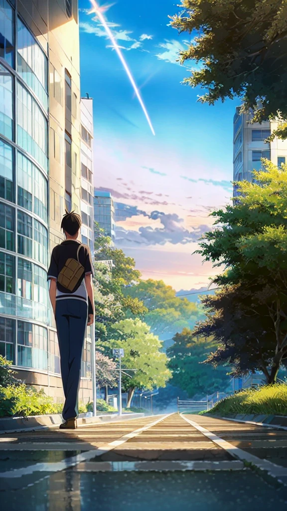 masterpiece,best quality,miyamizu mitsuha, 1girl, 1boy, sky, , outdoors, ribbon, cloud, skirt, diffraction spikes, hair ribbon, grass, black hair, road, bag, socks, short hair, short sleeves, shirt, red ribbon, white shirt, star (sky), necktie, tree, scenery, building, shoes, black skirt, standing, from behind, kneehighs, pleated skirt, brown hair, ground vehicle, pants, shooting star, school bag