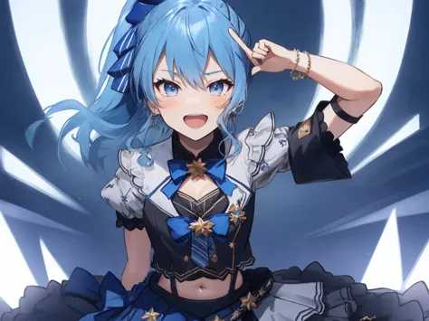 masterpiece, best quality, absurdres, 1girl, solo, Hoshimachi Suisei, light blue hair, blue eyes, happy, smile, parted lips, cowboy shot, sidelocks, ponytail, toned, 
idol, idol clothes, hololive idol uniform, bowtie, blue skirt, brooch, dress, concert, on stage, frilled skirt, jewelry, layered dress, short sleeves, tiara, midriff, thighhighs(,shout:1.3),.(open_mouth:1.3),singing,(angry:0.6), glare, idle_live,audience_landscape,light up_girl,solo,shiny_effects,