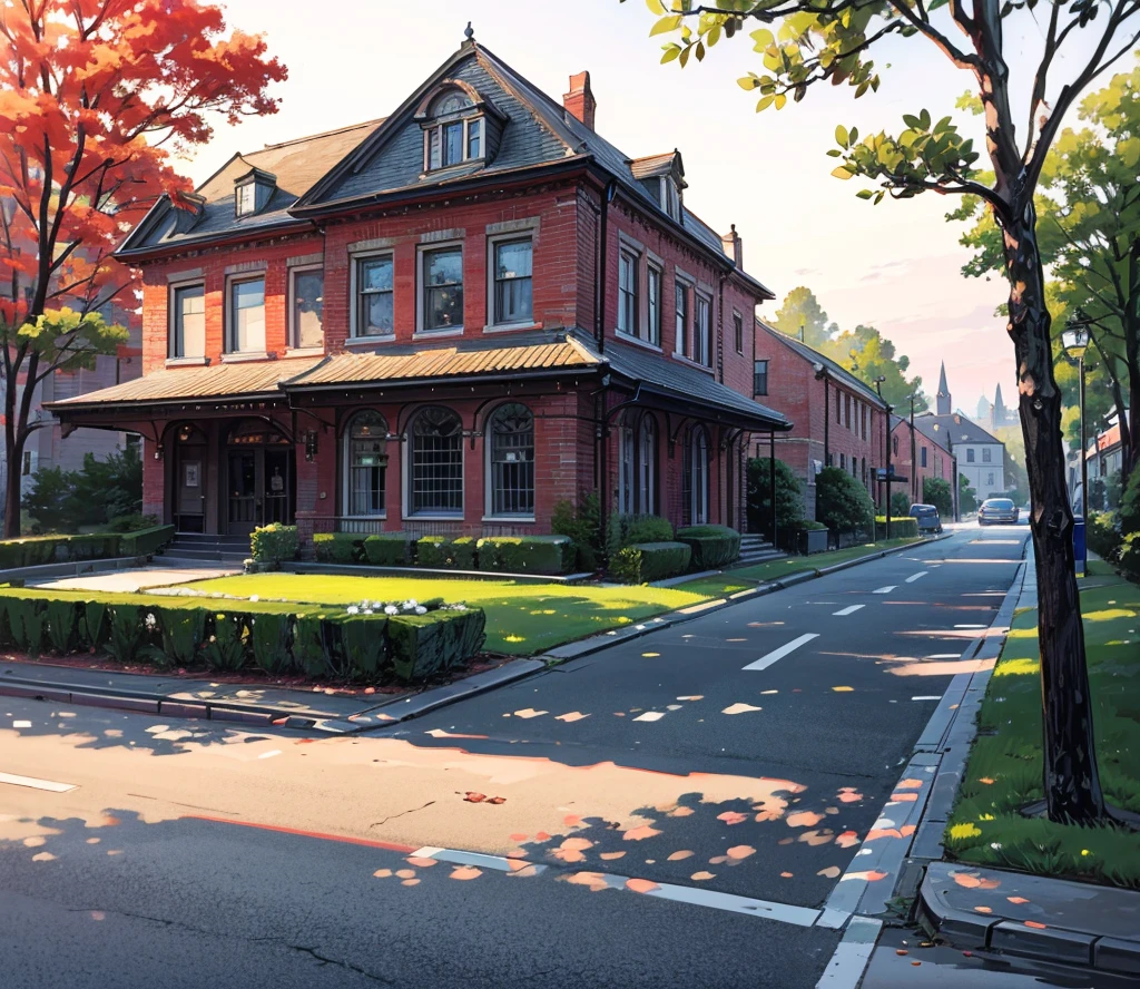 En el lado derecho y un edificio de mansión de estilo inglés antiguo con ladrillos rojos que ahora es una biblioteca. Arquitectura victoriana hermosa. Al otro lado de la calle hay una cafetería.Hay una carretera con pocos coches aparcados y la cafetería tiene algunas personas. La luz del atardecer. alta definición, alto quality,alto_resolución, 4k, obra maestra, fotografía, Realista