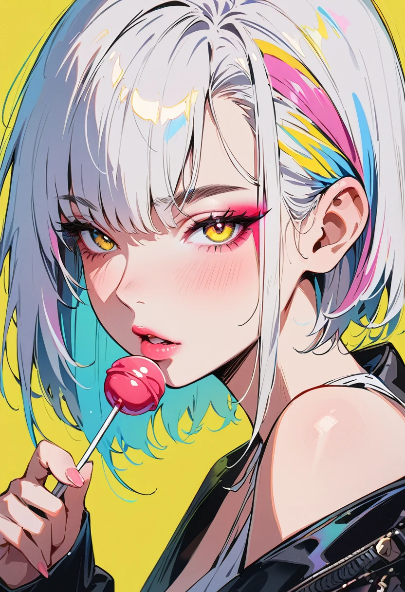 (masterpiece, best quality:1.4), 1 girl, 独奏, Anime style, Colorful pupils, Blurred eyes, Eat Lollipop, Pink lower lip, Cyberpunk style makeup, Short silver asymmetrical hair, Asymmetrical short hairstyle, Long bangs on one side, Color highlights, Black off-the-shoulder leather jacket, Pure yellow background.