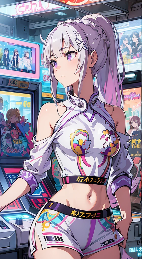 ((Masterpiece)), best quality, absurderes, ultra detailed, holographic, cowboy shot, golden ratio, super cute girl, mature girl, super beautiful asian girl with very beautiful violet glowing eyes, Emilia re:zero, purple eyes, Emilia, crown braid, x hair ornament, flower hair ornament, white hair, very long hair, medium breasts, high ponytail,  nice and sexy body, slim body, perfect body, wearing super tight anime printed mini boxers, an anime printed super tight off shoulder long sleeve crop top, buautiful hair ornament,  super aesthetic transparent jacket, playing in an arcade machine