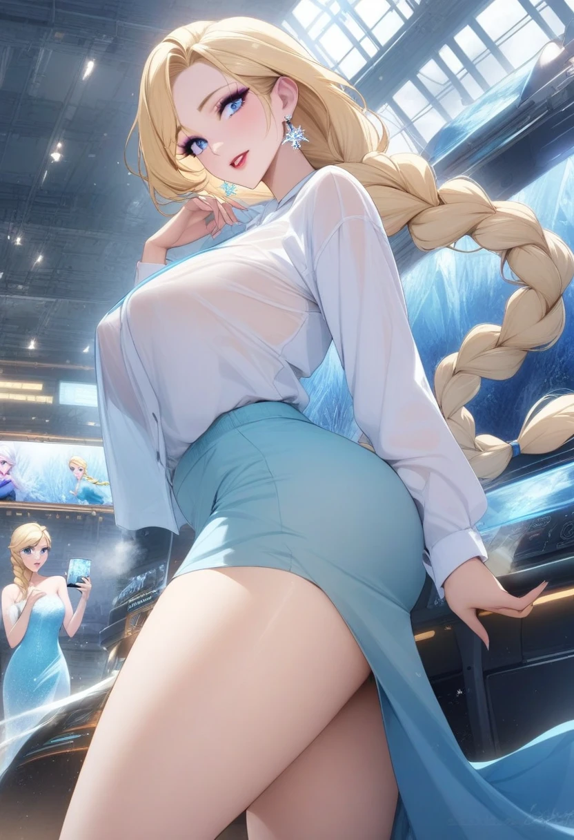 masterpiece, best quality, very aesthetic, absurdres, 1girl, mature_lady,naked_shirt,,elsa_(frozen), frozen_(disney), 1girl, blonde_hair, blue_eyes, braid, medium_breasts, single_braid, earrings, snowflake_earrings, eyeshadow, makeup, long_hair, very_long_hair,,in recreational machine hall,floating_hair,