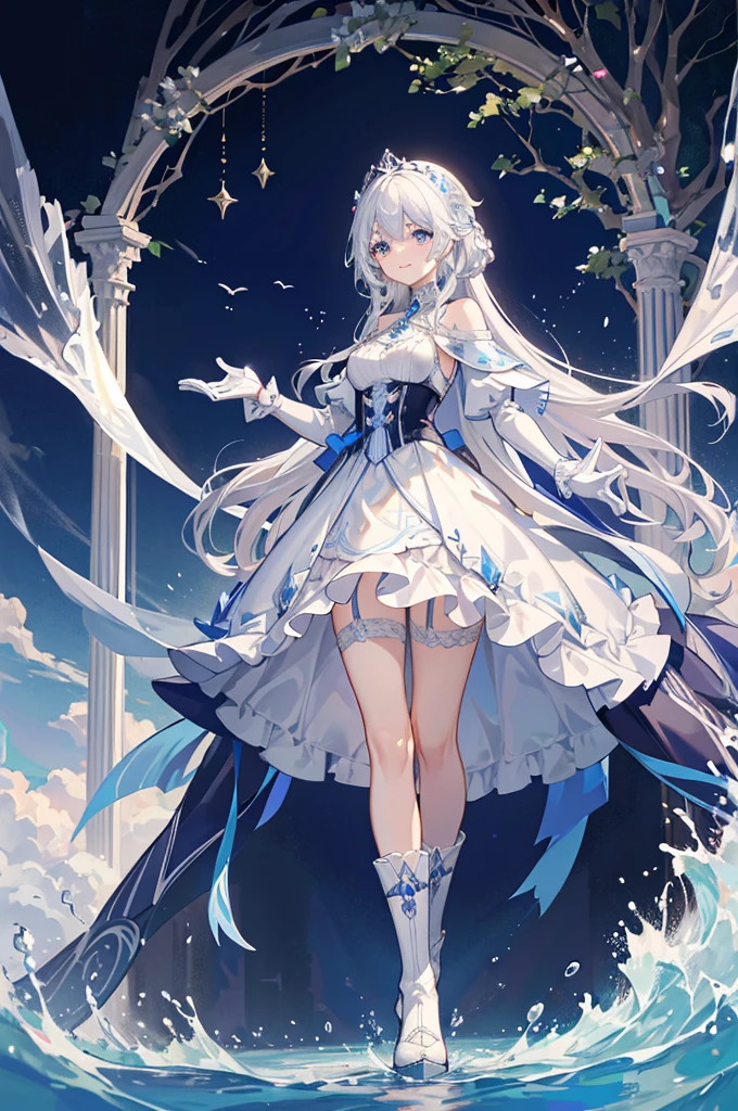 A woman with white hair and blue eyes、adult、Long, fluffy wavy hair、Braiding、Wearing hair ornaments、Smiling、Elegant and ladylike、Elegant、Princess、White gloves、Wearing a cape、White and blue dress、Wave pattern、Decorations such as roses and drops、The dress is short in the front and long in the back、Garter Ring、boots、water、Fantasy