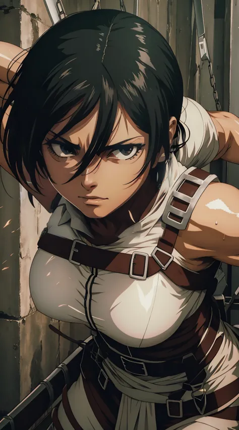 mikasa ackerman, the fierce and sultry warrior, stands tall, her naked body glistening with sweat. her blade, held aloft in her ...