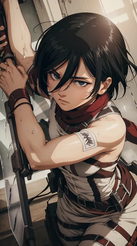 mikasa ackerman, the fierce and sultry warrior, stands tall, her naked body glistening with sweat. her blade, held aloft in her ...