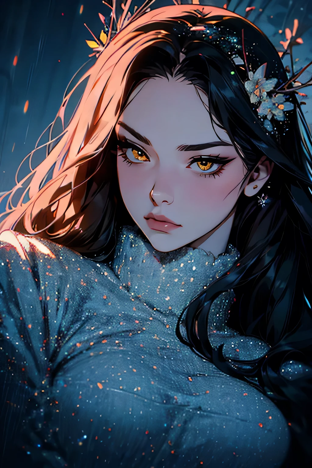 hyper-realistic of a mysterious woman with flowing dark hair, piercing yellow eyes, and a delicate floral crown, upper body, snown background, winter