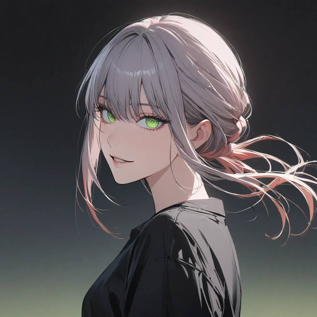 1girl, Makima, Makima from Chainsaw Man, solo, ((long_Silver hair)) hair strands, french braid, black round sunglasses, Green Ringed Eyes, parted_lips, smiling, looking_at_viewer, perfect background, indoors, side view, white_hair, bangs, eyelashes, portrait, black_shirt, shirt, hair_between_eyes, floating hair, (hair strands, french braid) ((shot from behind))