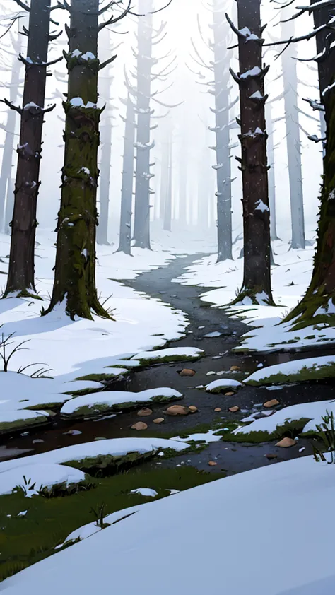 (2D style) (HD) in the forest in the snow, blizzard falling