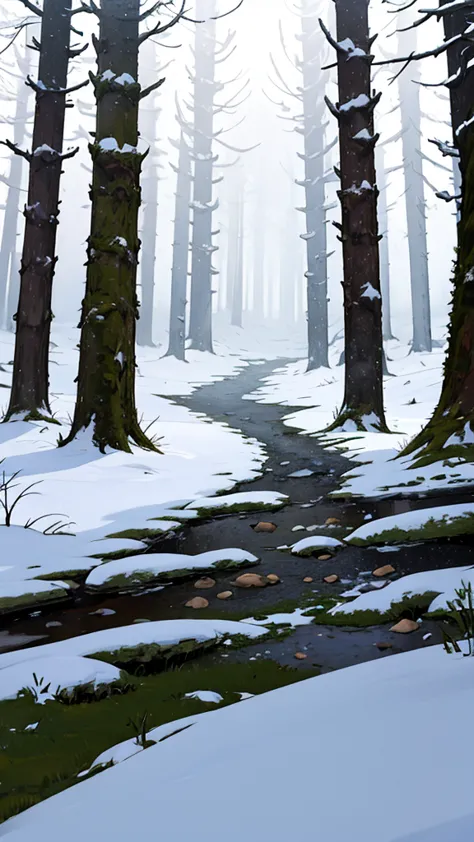 (2d style) (hd) in the forest in the snow, blizzard falling