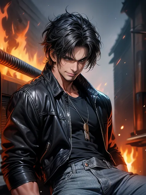 adult guy, short black hair, blue eyes, black leather jacket, white t-shirt, jeans, katana, fire, smirk, kusanagi clan, masterpi...