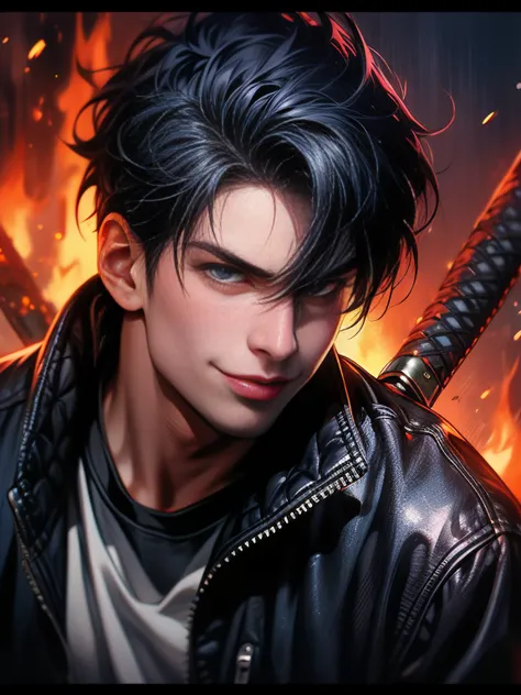 adult guy, short black hair, blue eyes, black leather jacket, white t-shirt, jeans, katana, fire, smirk, kusanagi clan, masterpi...