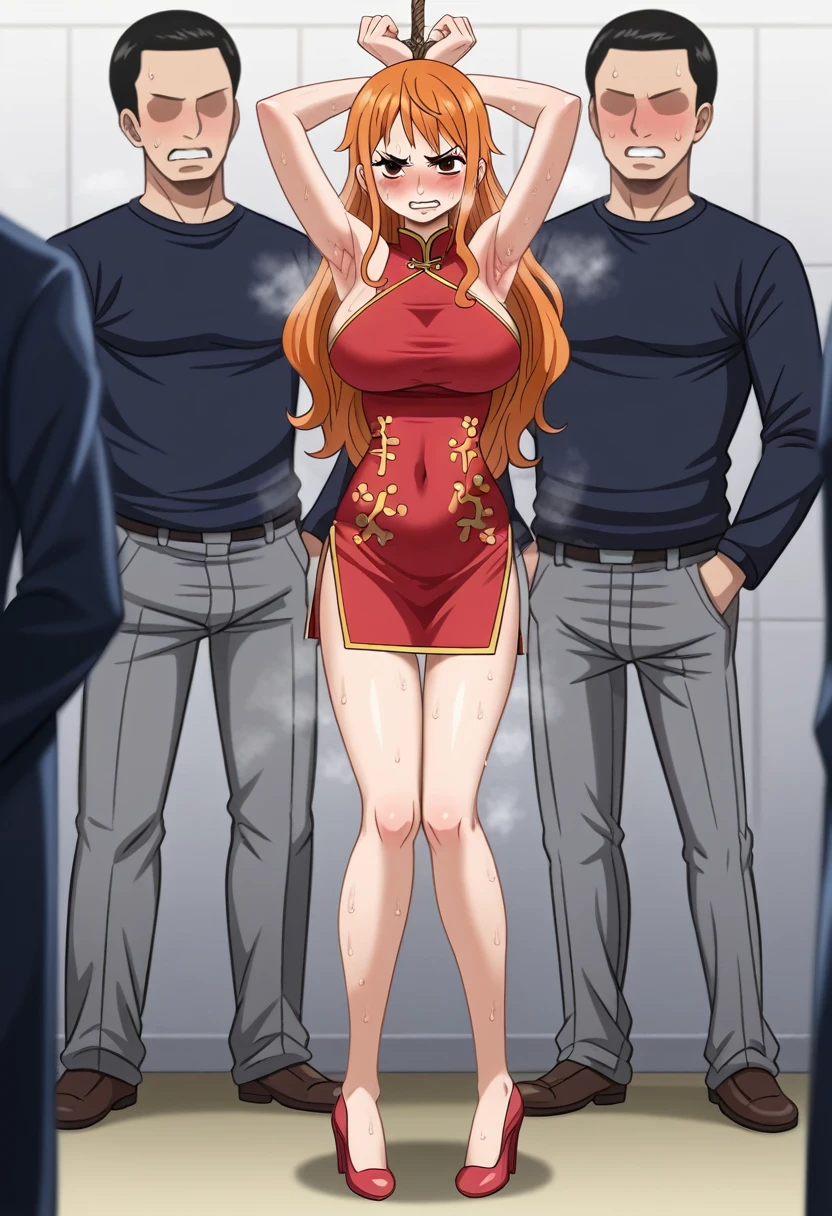 (Masterpiece,detailed, super high quality,In 4K,Highest qualityの高品質,extremely detailed,Attractive photos,Highest quality, In 4K, 8k, High resolution,Precise human body,Perfect garment,Top quality illustrations:1.5)(One-piece style,Nami,whole body)(handsome features, full makeup,lip gloss,eyeliner),(Woman in her 20s,Beautiful woman,Beautiful face line,Feminine body lines,Beautiful orange hair,Fluffy long hair,Beautiful brown eyes)(Huge ,valley:1.6)(Red Chinese Dress,See-through clothing,Mini Dress,valleyカットアウト)(Constraints,Rope binding both wrists),No bra,Stiletto heels, blush,Sweat,steaming body,steaming Between legs,steaming armpit,(camel toe:0.5)(blush,anger,Wet clothes,View your viewers), indoor, ( Put your arms behind your head,standing) blush, from the front, BREAK/Many men behind